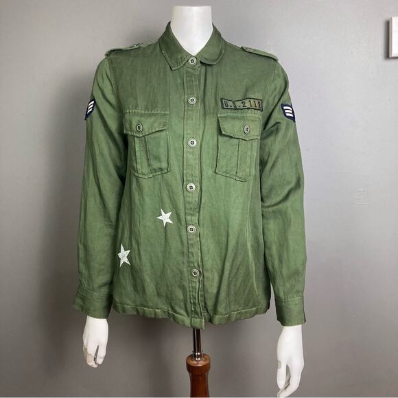 Rails top shirt women's small military shacket moto green button up stars
